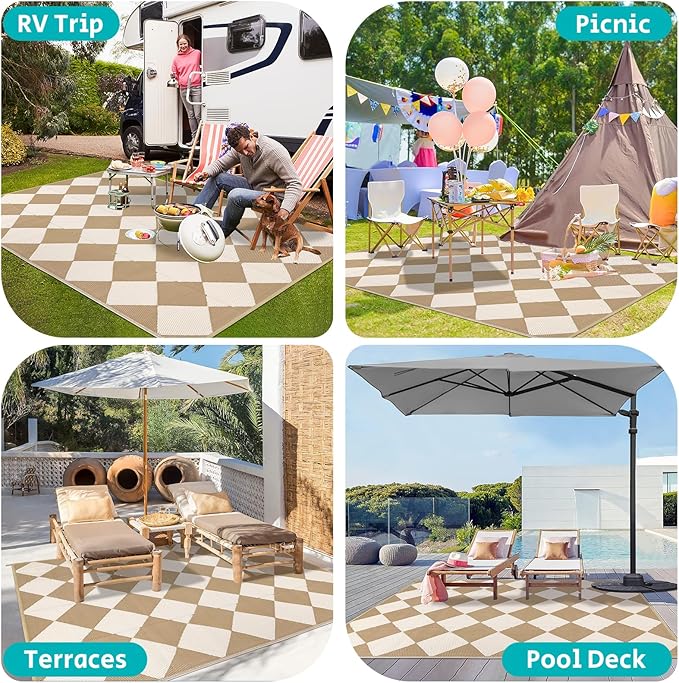 HEBE Outdoor Rug Waterproof 8x10, Plastic Straw Rug Camping Rug, Reversible Outdoor Patio Rugs RV Mat Clearance, Indoor Outside Floor Carpet for Porch,Deck,Camper,Balcony,Backyard