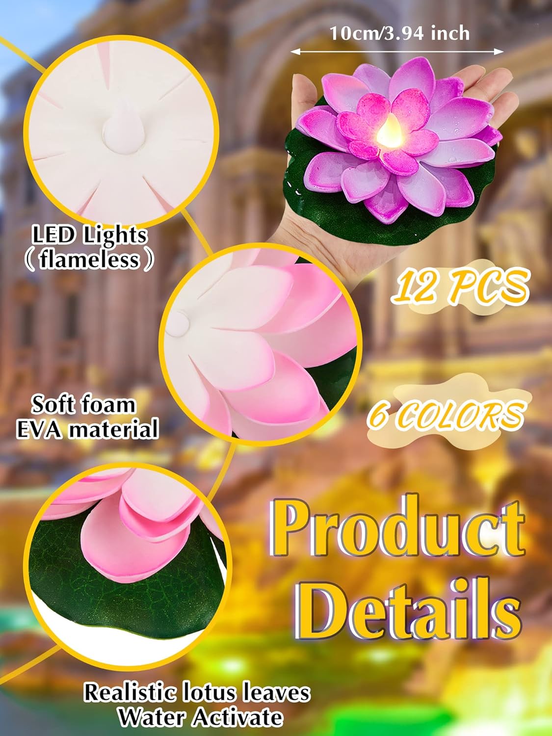 Hortsun 12 Pcs Floating Lotus Lights with Batteries Lily Pads Pool Flowers Diwali Pooja Decorations Floating Candles Decor for Pool Pond Outdoor Indoor(3.94 Inch,Multicolor)