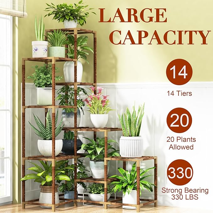 HOMKIRT Plant Stand Indoor Outdoor, 14 Tier Large Corner Plant Stand Tall Plant Shelf Rack Flower Stand For Multiple Plants, Wood Plant Holder Ladder Table Display For Patio Garden Balcony Window