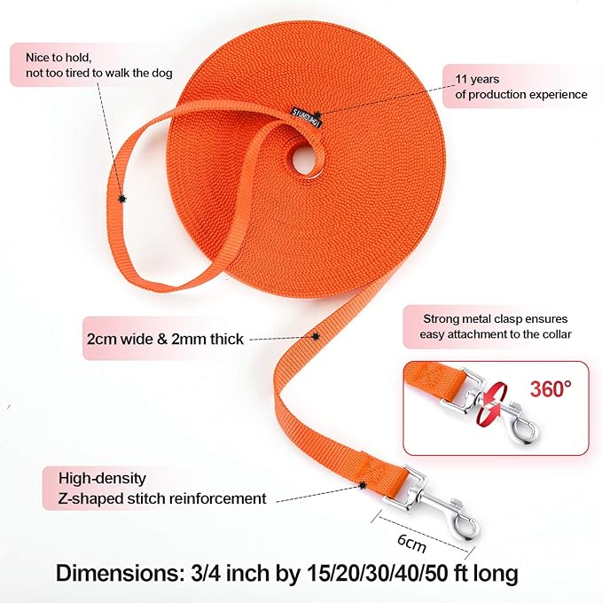 Siumouhoi Dog/Puppy Obedience Recall Training Agility Lead - 15ft 20ft 30ft 40ft 50ft Training Leash - Great for Play, Camping, or Backyard - Orange 30ft (30Feet, Orange)