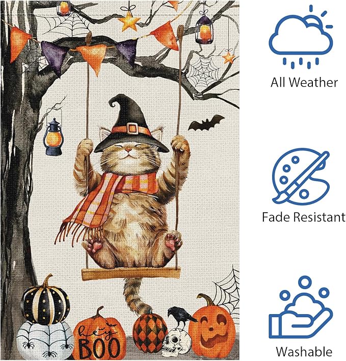 Heyfibro Halloween Cute Cat Swing Garden Flags 12 x 18 Inch Vertical Double Sided Burlap, Pumpkin Skull Bat Yard Flag for Seasonal Fall Thanksgiving Farmhouse Decoration(ONLY FLAG)