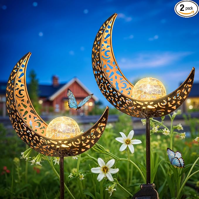 HOMEIMPRO 2Pack Moon Garden Solar Lights Outdoor Stakes Waterproof, Gifts for Mom, Crackle Glass Patio, Backyard Decorations, Balcony Lawn Ornaments, for Women Men Grandma (Bronze)