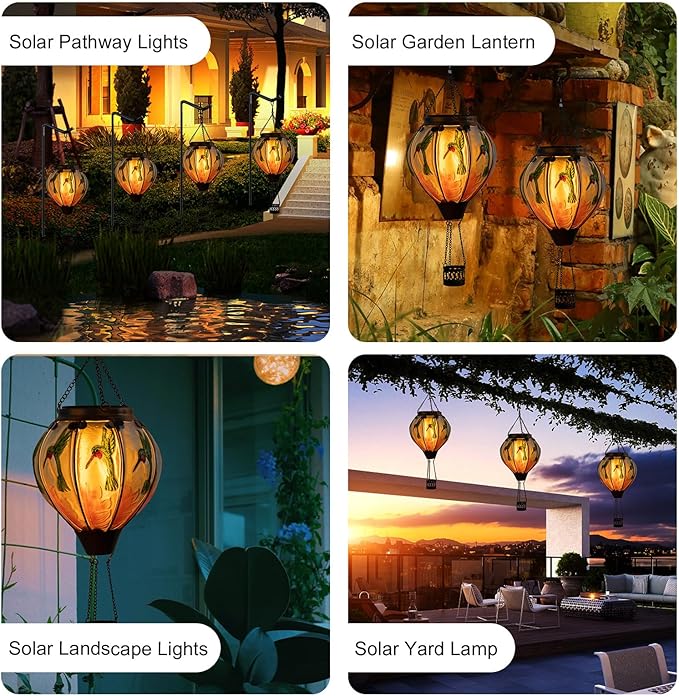 Hummingbird Hot Air Balloon Hanging Solar Lantern Lights, Flickering Flame Solar LED Candle Lights Outdoor Garden Decorative Metal & Glass Waterproof Lanterns for Yard Patio Farmhouse Decoration