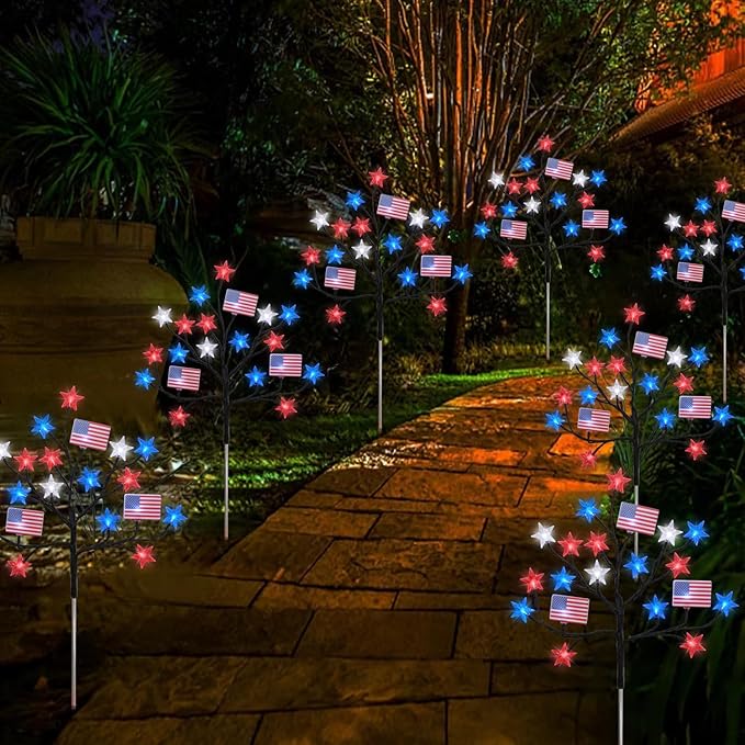 HUGSVIK 4 Packs 80LED 4th of July Decorations Outdoor, Upgraded Red White and Blue Solar Lights with Stars & American Flags, Outdoor Memorial Day Decorations Patriotic Lights for Yard Pathway Garden