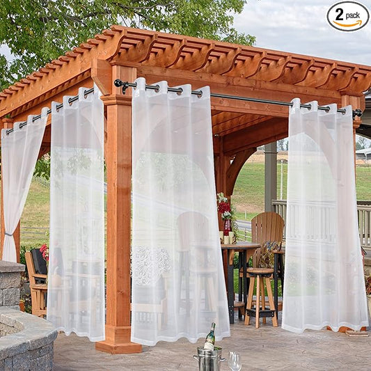 HolidayIdeas White Outdoor Sheer Curtains for Patio Waterproof, 2 Panels - 54 x 95 Inch - Light Filtering Voile Outside Curtains Grommet Drapes for Front Porch, Gazebo, Pergola, Backyard