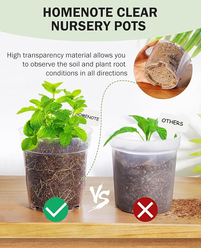 homenote Clear Nursery Pots for Plants,4 Inch Plant Pot for Planting Plastic Seedling with Drainage Holes Seed Starter Flower High Transparency 20 Labels Exclusive Material Excellent Hardness(30 Pack)