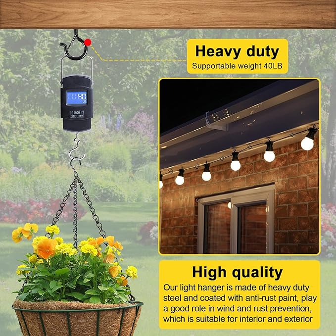 Hooks for Outdoor String Lights, 52 Pack Screw Hooks for Hanging Plants Led Party Lights Garage Wind Chimes, Black Heavy Duty Q Hanger Ceiling with Safety Buckle, Box and Wing Nut Driver