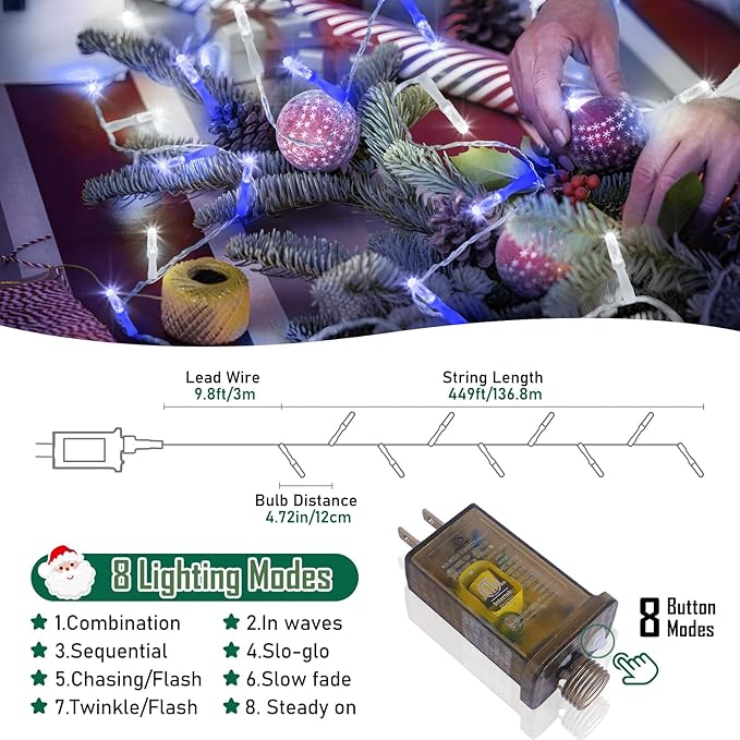 Heceltt 1140 LED 449 FT String Lights Outdoor, 8 Modes Christmas Lights, Waterproof LED String Lights with Timer and Memory Fairy Light Plug in for Wedding Home Party Tree Decorations (Blue and White)