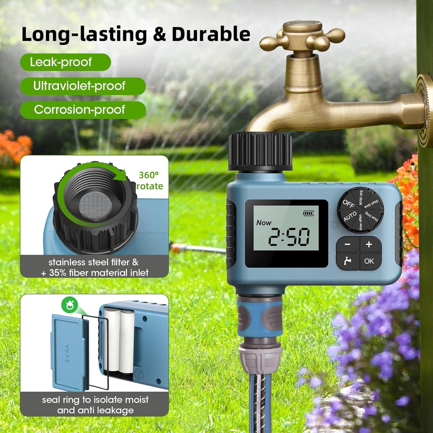 Hose Timer, Water Timer for Garden Hose Faucet, Sprinkler Timers Outdoor, Irrigation Timer with Rain Delay/Manual for Garden/Outdoor Hose, Yard, Lawns, 1 Outlet