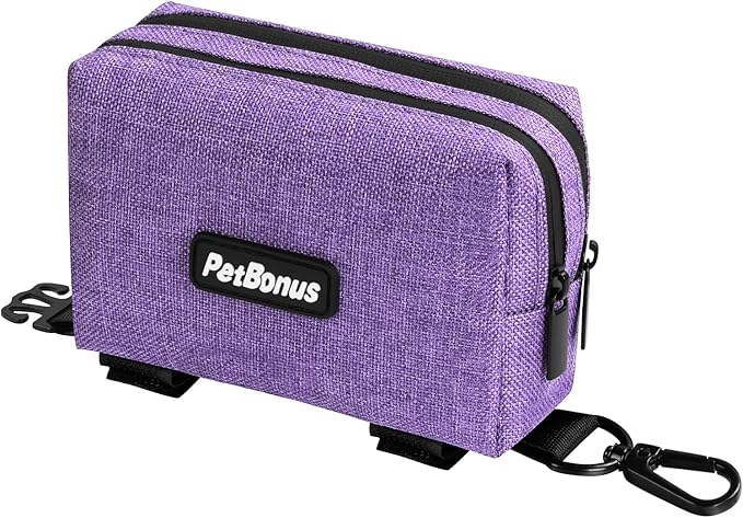 PetBonus Dog Poop Bag Holder, Portable Pet Waste Bag Dispenser, 2 Pouches for Treats and Walking Accessories, Fit All Leashes, Includes 1 Roll of Dog Poop Bags (Purple)