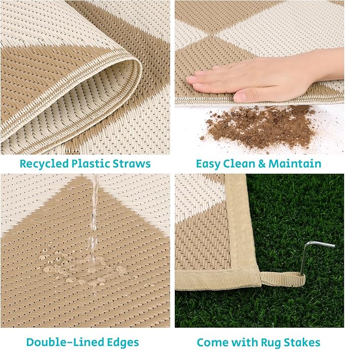 HEBE Outdoor Rug Waterproof 9x12, Plastic Straw Rug Camping Rug, Reversible Outdoor Patio Rugs RV Mat Clearance, Indoor Outside Floor Carpet for Porch,Deck,Camper,Balcony,Backyard