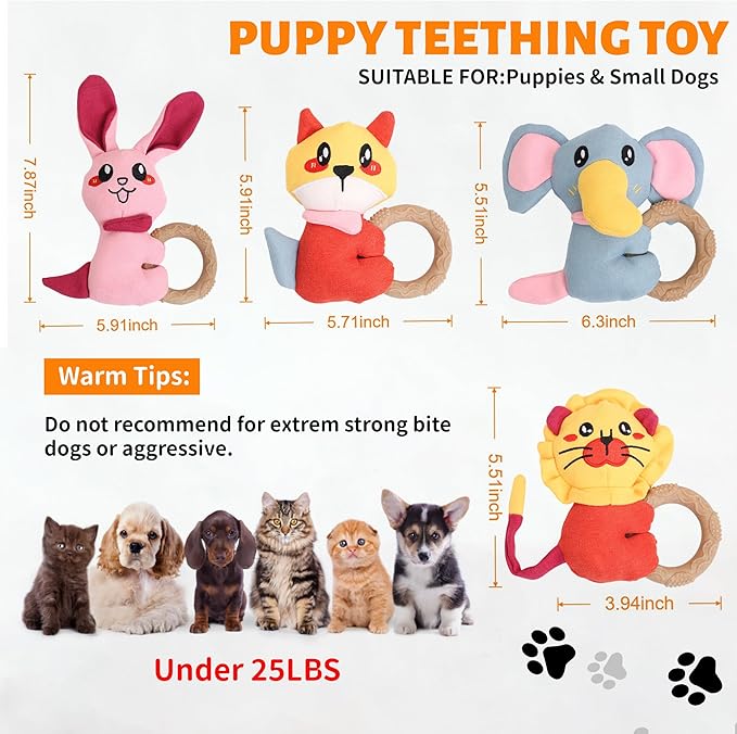4-Pack Puppy Teething Toys, Dog Squeaky Toy to Keep Them Busy, Stuffed Toy with TPR Ring, Durable Dog Chew Toys for Small Breed