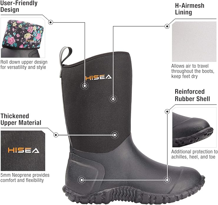 HISEA Women's Rubber Garden Boots Waterproof Insulated Yard Gardening Shoes Mid Height for Mud Working Outdoor