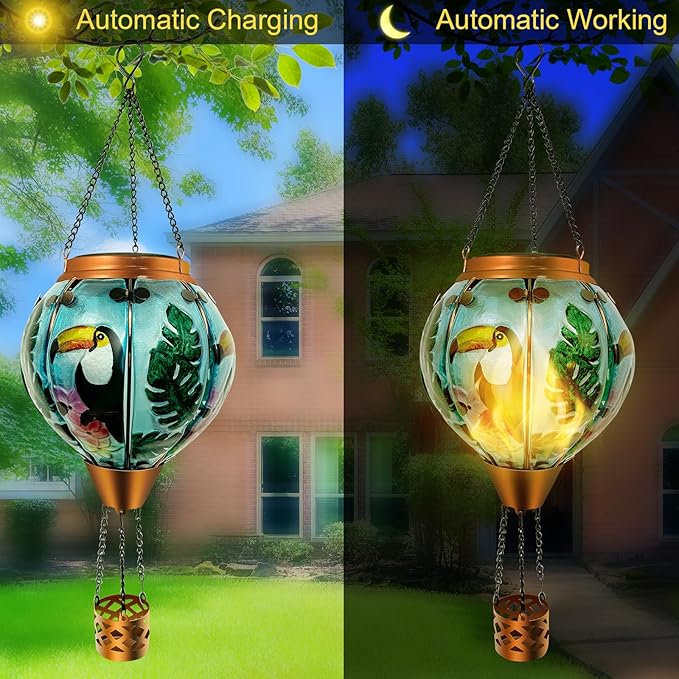 Hot Air Balloon Solar Lantern Waterproof Hanging Light with Flickering Flame for Decorative Garden Patio and Yard Decor