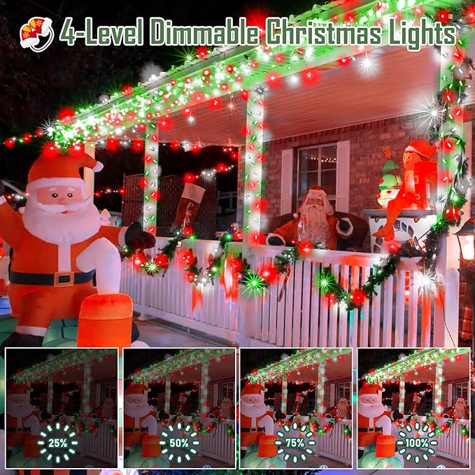 Heceltt 1600 LED 630 FT String Lights Outdoor, 8 Modes Christmas Lights Plug in, IP44 Waterproof Led String Lights with Timer and Memory for Home Party Tree Decorations (Red Green and White)