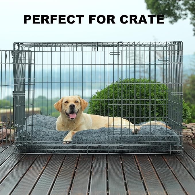 Bedfolks Waterproof XXL Dog Crate Bed, Plush Pad with Removable Cover, Faux Fur, Washable Kennel Bed 47"x29", Dark Grey