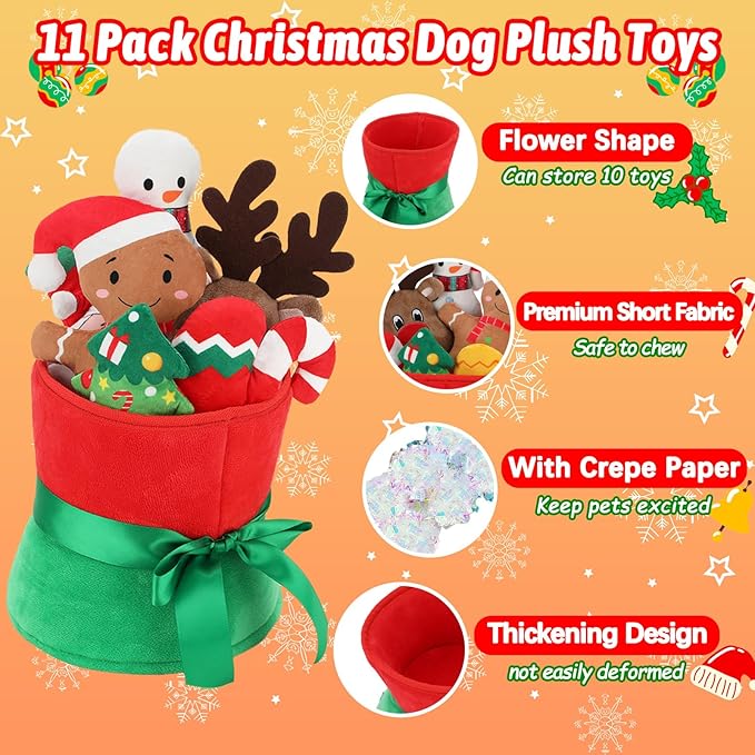 YUEPET 11 Pack Christmas Plush Dog Toys,Interactive Dog Squeaky Toy with Crinkle Paper Set,Pet Chew Toy Christmas Tree & Santa Reindeer Toys Gifts for Puppies Small Dogs
