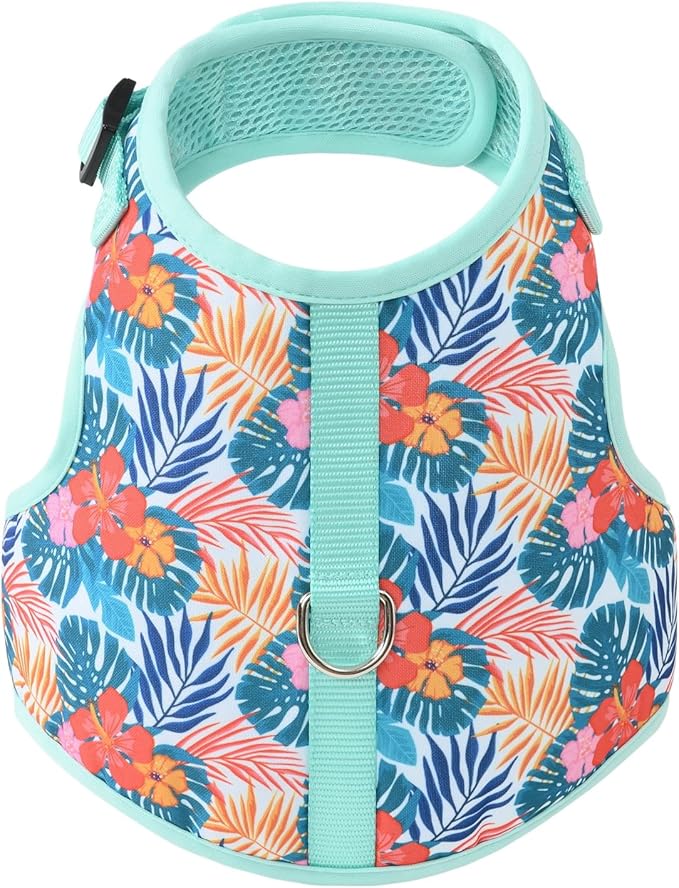 Mile High Life Dog Harness, Air Mesh Floral Vest Harness for 20 lbs Small Dogs & Cats, Easy Get on Adjustable Easy Closures Both Neck and Chest(Green Flower, M Chest 18"-20")
