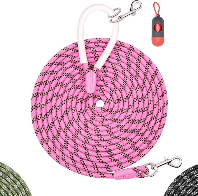 Nylon Dog Leash 6FT 10FT 20FT 30FT Diameter 2/5 Inch with Comfortable Silicone Handle Highly Reflective No Tangle for Medium Large Dogs Outside Walking Camping Backyard. (Pink, 30FT)