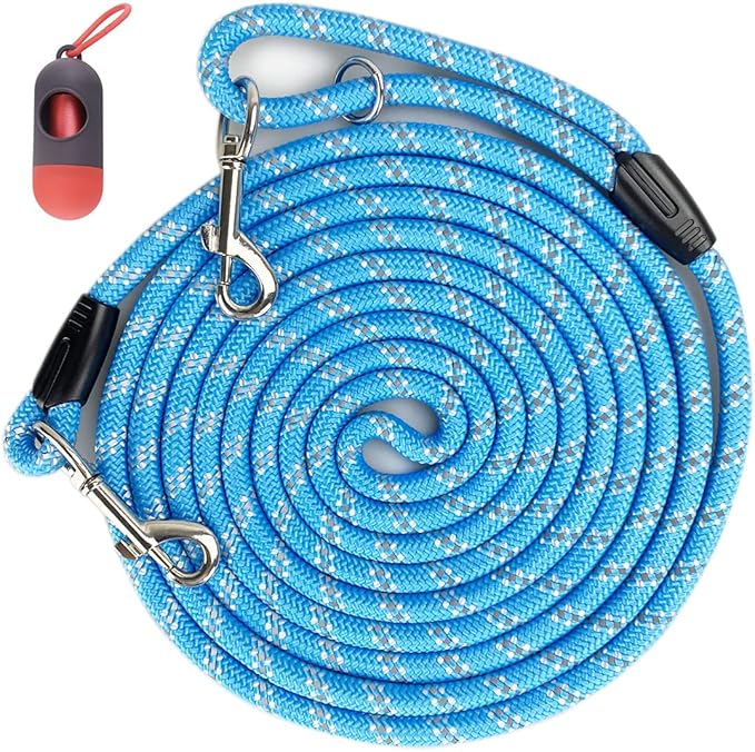 Long Rope Dog Leash for Dog Training 12FT 20FT 30FT 50FT, Reflective Threads Dog Cat Leashes Tie-Out Check Cord Recall Training Agility Lead for Large Medium Small Dogs (Blue, 10mm*20ft)