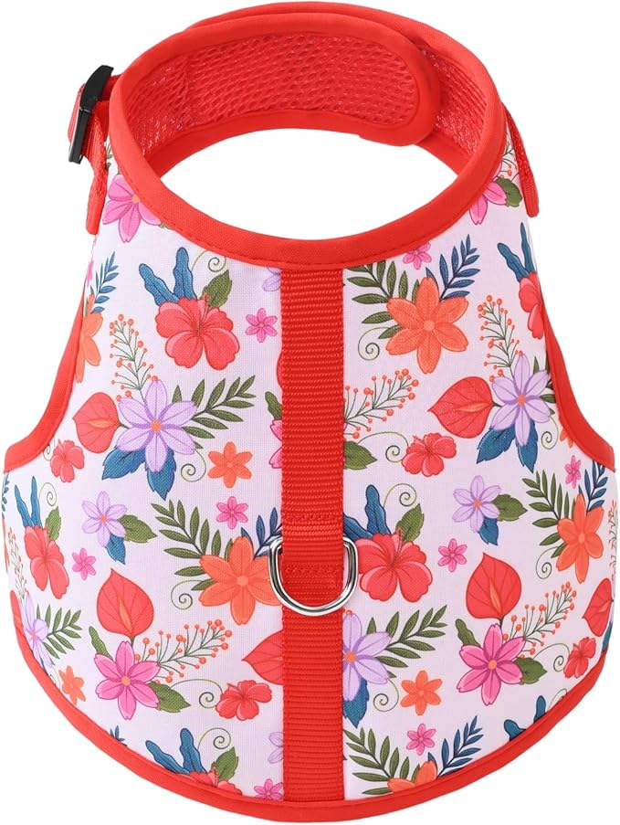 Mile High Life Dog Harness, Air Mesh Floral Vest Harness for 20 lbs Small Dogs & Cats, Easy Get on Adjustable Easy Closures Both Neck and Chest(Red Flower, M Chest 18"-20")