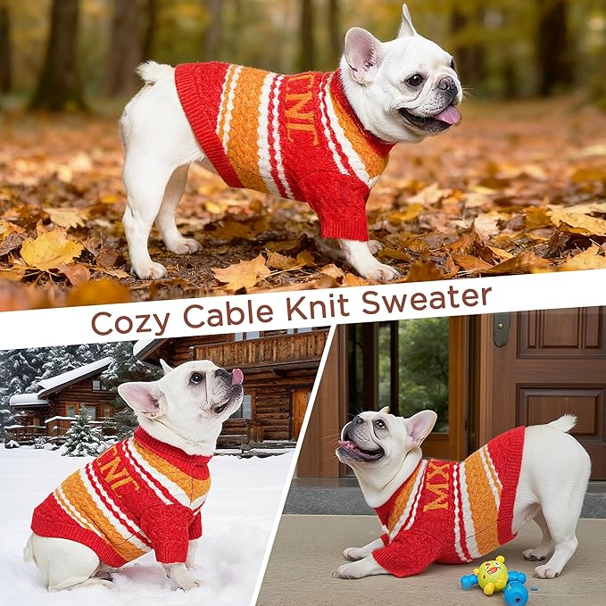 Dog Sweater for Small Medium Dogs & Cats, Classic Turtleneck Knitted Striped Pet Sweater, Warm Winter Soft Christmas Outfit for Boy & Girl Dogs, Large