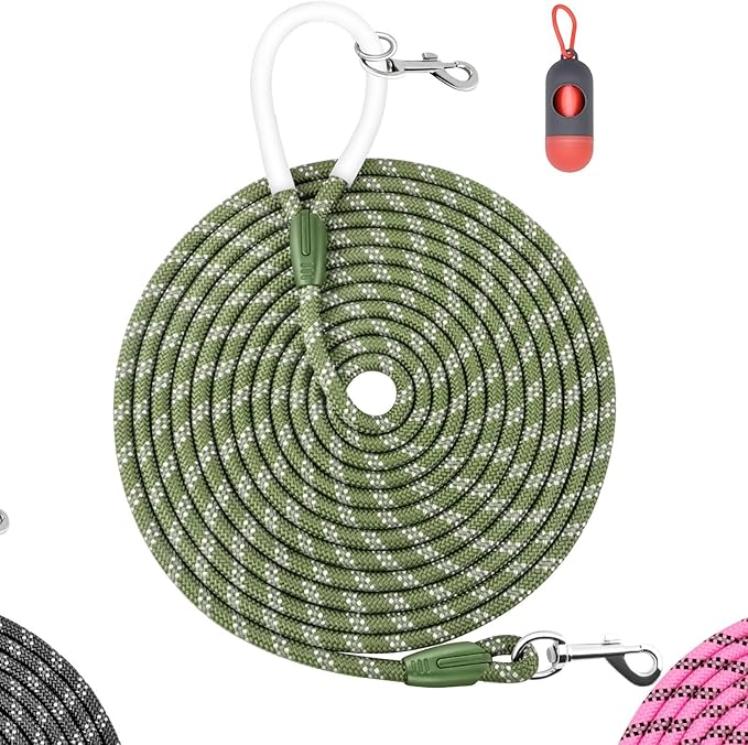 Nylon Dog Leash 6FT 10FT 20FT 30FT Diameter 2/5 Inch with Comfortable Silicone Handle Highly Reflective No Tangle for Medium Large Dogs Outside Walking Camping Backyard. (Green, 10FT)