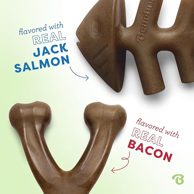 Benebone 2-pack Fishbone/Wishbone Durable Dog Chew Toys, Real Fish, Real Bacon, Made in USA, Small