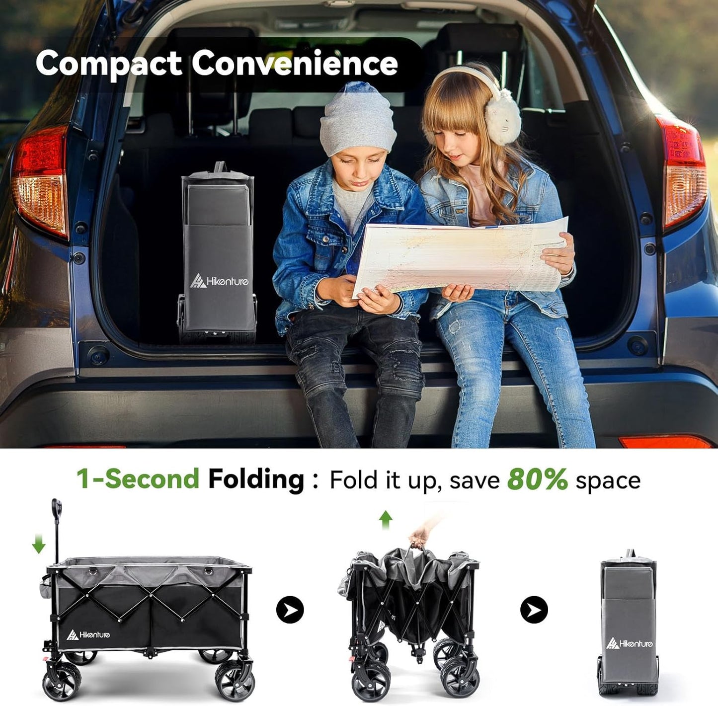 Hikenture Collapsible Wagon Cart, 330lbs Capacity Beach Wagons with Big Wheels for Sand, Heavy Duty Foldable Cart with Brakes, Portable Utility Folding Garden Cart for Outdoor