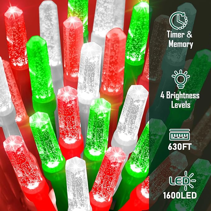 Heceltt 1600 LED 630 FT String Lights Outdoor, 8 Modes Christmas Lights Plug in, IP44 Waterproof Led String Lights with Timer and Memory for Home Party Tree Decorations (Red Green and White)