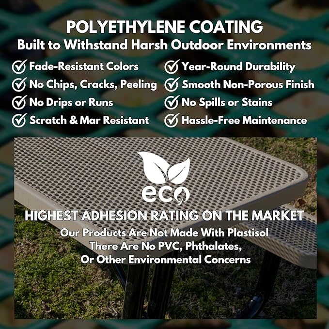 Heavy-Duty Portable Outdoor Picnic Table with Umbrella Hole, Punched Steel Commercial-Grade Patio Furniture Made in America (46" Round Top, Dark Green with Dark Green Frames)