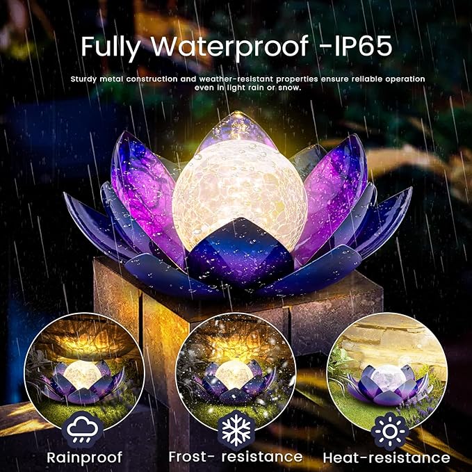 Huaxu Solar Lights for Outdoor Decor, Purple Lotus Flower Light, Waterproof LED Crackle Globe Glass Lamp for Garden, Patio, Yard, Porch, Pathway, Ground, Tabletop Christmas Gifts for Mom,Women