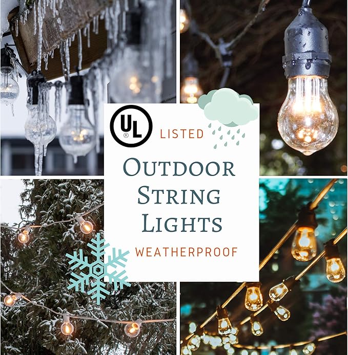 Hometown Evolution, Inc. 100' E26 Commercial Edison Bulb Outdoor String Lights (100 Foot 50 Socket, S14 Lantern Edison 11 Watt Light Bulbs)