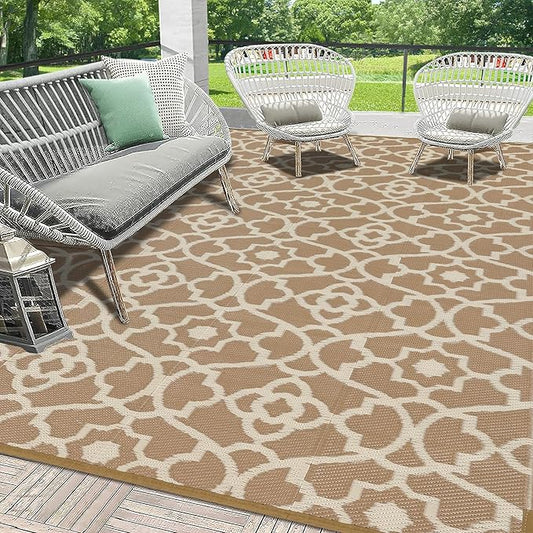 HEBE Outdoor Rug Waterproof 9x12, Plastic Straw Rug Camping Rug, Reversible Outdoor Patio Rugs RV Mat Clearance, Indoor Outside Floor Carpet for Porch,Deck,Camper,Balcony,Backyard