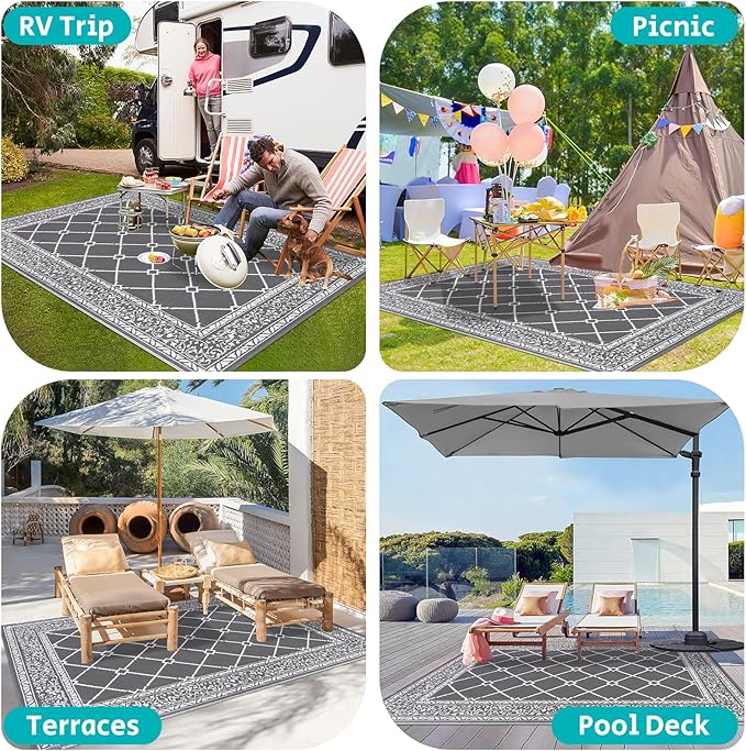 HEBE Outdoor Rug Waterproof 6x9, Reversible Plastic Straw Rug RV Camping Rug, Indoor Outdoor Patio Mat Clearance, Outside Carpet for Porch,Deck,Camper,Balcony,Backyard,Picnic