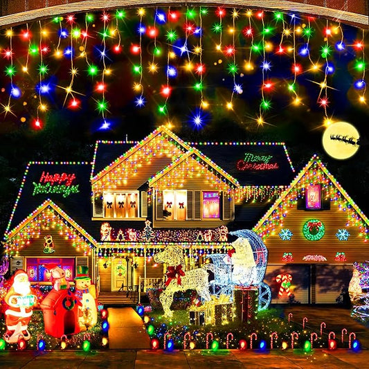 Hezbjiti Christmas Lights Decorations Outdoor, 800 LED 65.6 FT 8 Modes 150 Drops Fairy String Curtain Lights for Christmas Decor Eaves Window Party Yard Garden Indoor (Multicolor)