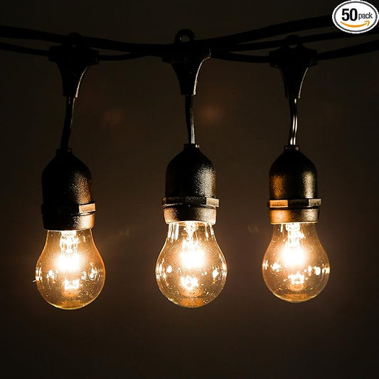 Hometown Evolution, Inc. 100 Foot E26 Outdoor Commercial String Lights with Suspended Socket for Weatherproof Heavy Duty Vintage Outside Lighting - Set of 50 A15 Clear Bulbs