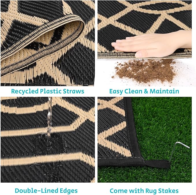 HEBE Outdoor Rug Waterproof 6x9, Reversible Plastic Straw Rug RV Camping Rug, Indoor Outdoor Patio Mat Clearance, Outside Carpet for Porch,Deck,Camper,Balcony,Backyard,Picnic