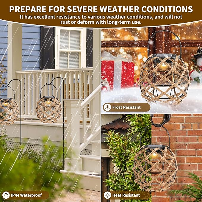 HPC Decor 2 PK Solar Lanterns-Outdoor Waterproof, Hemp Rope, Hanging Outdoor, Round Lamp Boho Decor for Garden, Yard, Patio, Porch, Pathway.