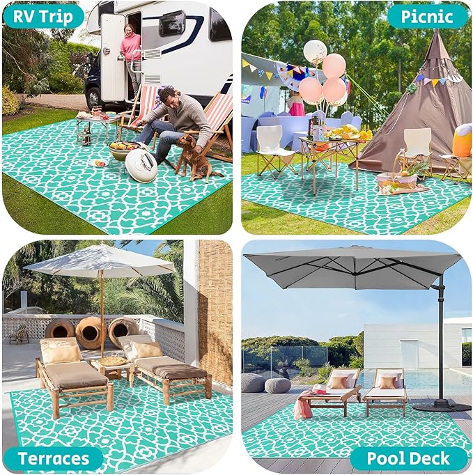 HEBE Outdoor Rug Waterproof 8x10, Reversible Plastic Straw Rug RV Camping Rug, Indoor Outdoor Patio Mat Clearance, Outside Carpet for Porch,Deck,Camper,Balcony,Backyard,Picnic