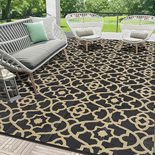HEBE Outdoor Rug Waterproof 9x12, Reversible Plastic Straw Rug RV Camping Rug, Indoor Outdoor Patio Mat Clearance, Outside Carpet for Porch,Deck,Camper,Balcony,Backyard,Picnic