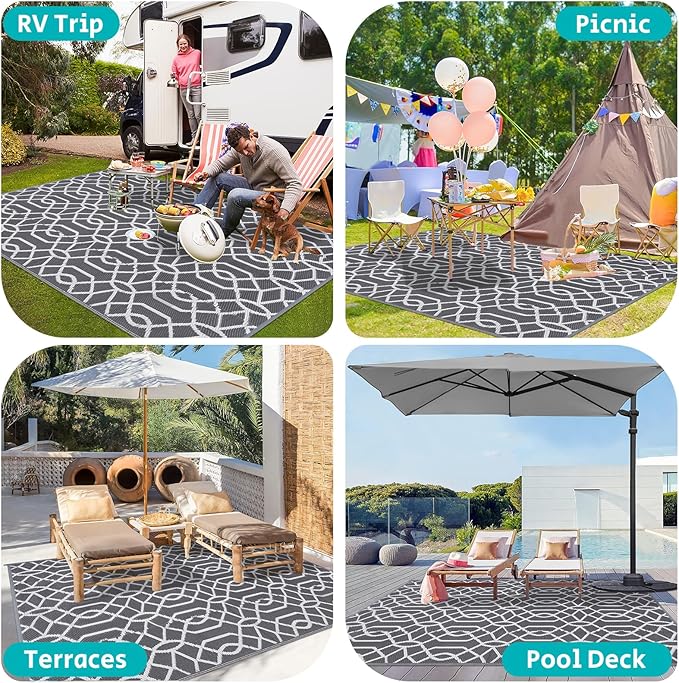 HEBE Outdoor Rug Waterproof 9x12, Reversible Plastic Straw Rug RV Camping Rug, Indoor Outdoor Patio Mat Clearance, Outside Carpet for Porch,Deck,Camper,Balcony,Backyard,Picnic