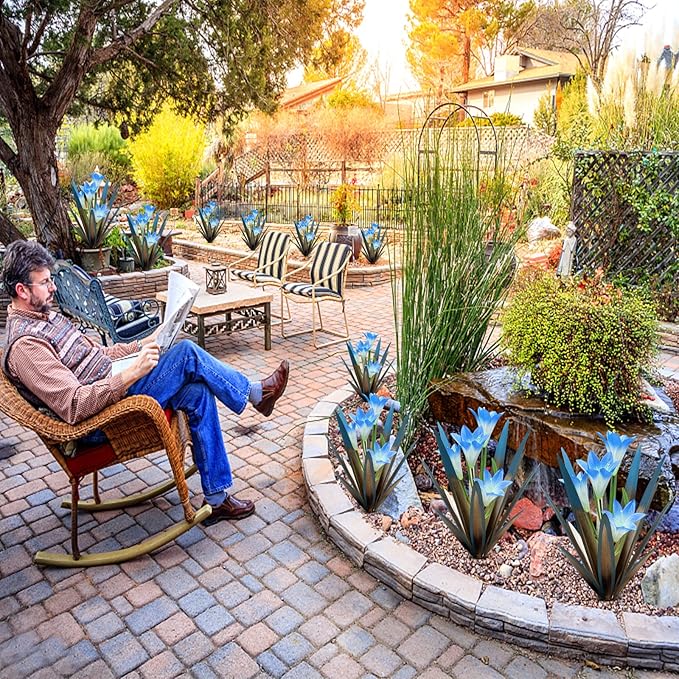 Homight Metal Agave Plant Outdoor Decoration Outdoor Garden Decoration Lily Mexican Yard Art Plant Garden Agave Lily Decorative Garden Gift… (3 Big Blue Lilies)