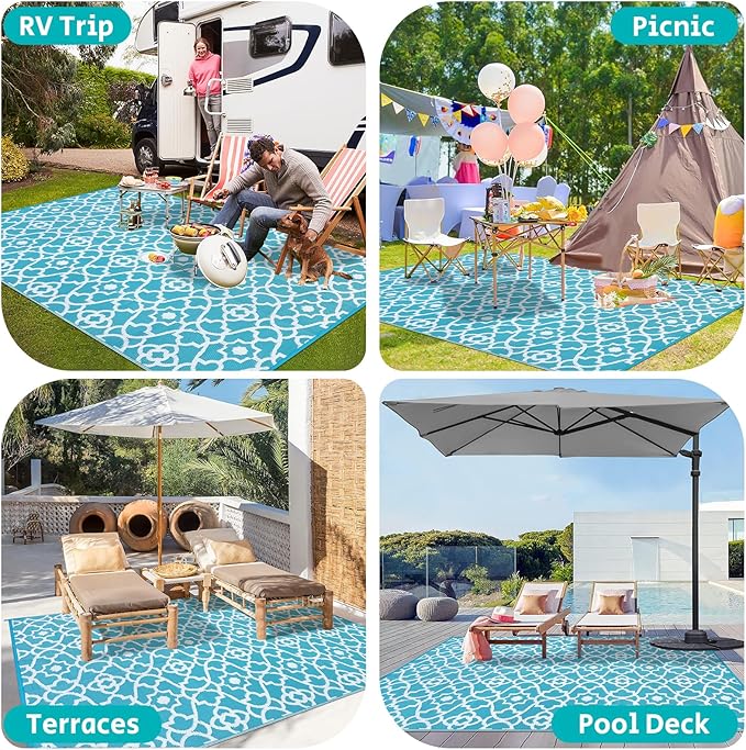 HEBE Outdoor Rug Waterproof 9x12, Plastic Straw Rug Camping Rug, Reversible Outdoor Patio Rugs RV Mat Clearance, Indoor Outside Floor Carpet for Porch,Deck,Camper,Balcony,Backyard