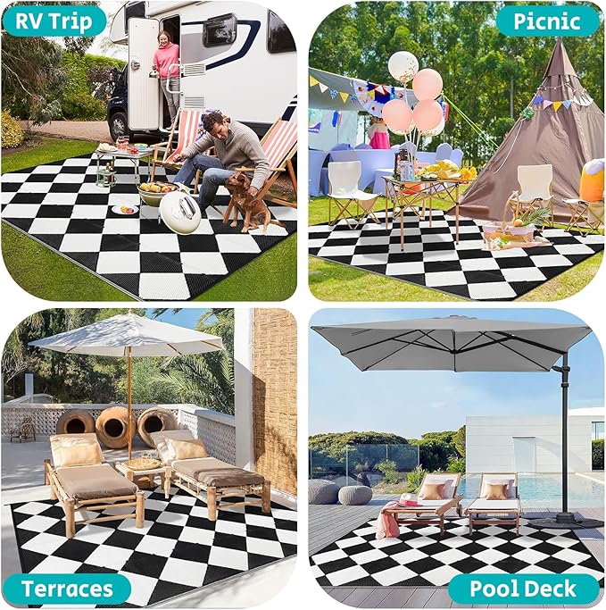 HEBE Outdoor Rug Waterproof 8x10, Reversible Plastic Straw Rug RV Camping Rug, Indoor Outdoor Patio Mat Clearance, Outside Carpet for Porch,Deck,Camper,Balcony,Backyard,Picnic