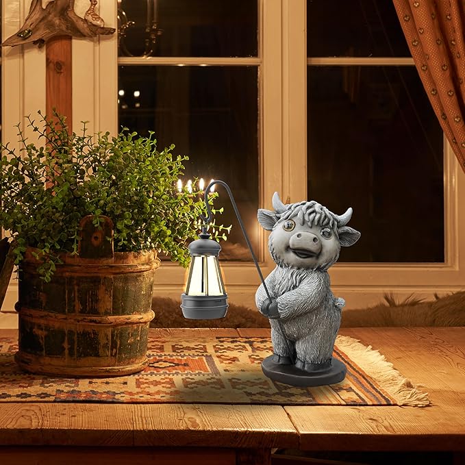 Highland Cow Statues with Solar Lights, Highland Cow Resin Figurine Lights, Highland Cow Ornaments for Patio, Balcony, Indoor Decoration and as Gifts