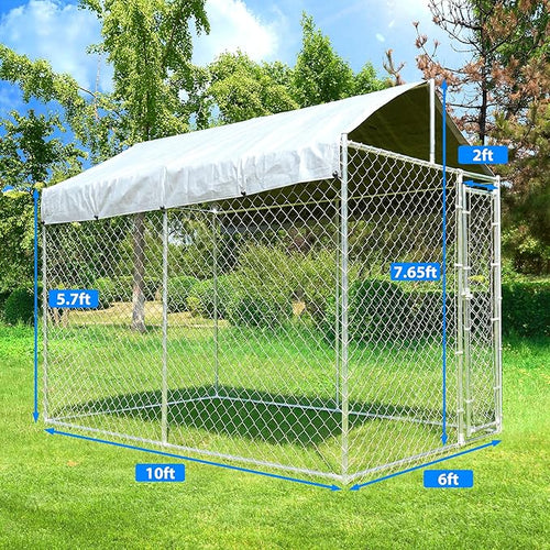 10x6x7.7ft Large Dog Kennel Outdoor, Heavy-Duty Outside Dog Kennel with Roof, Security Latch-Lock Door, Chain-Link Dog Enclosure Dog Run for Yard with Cover